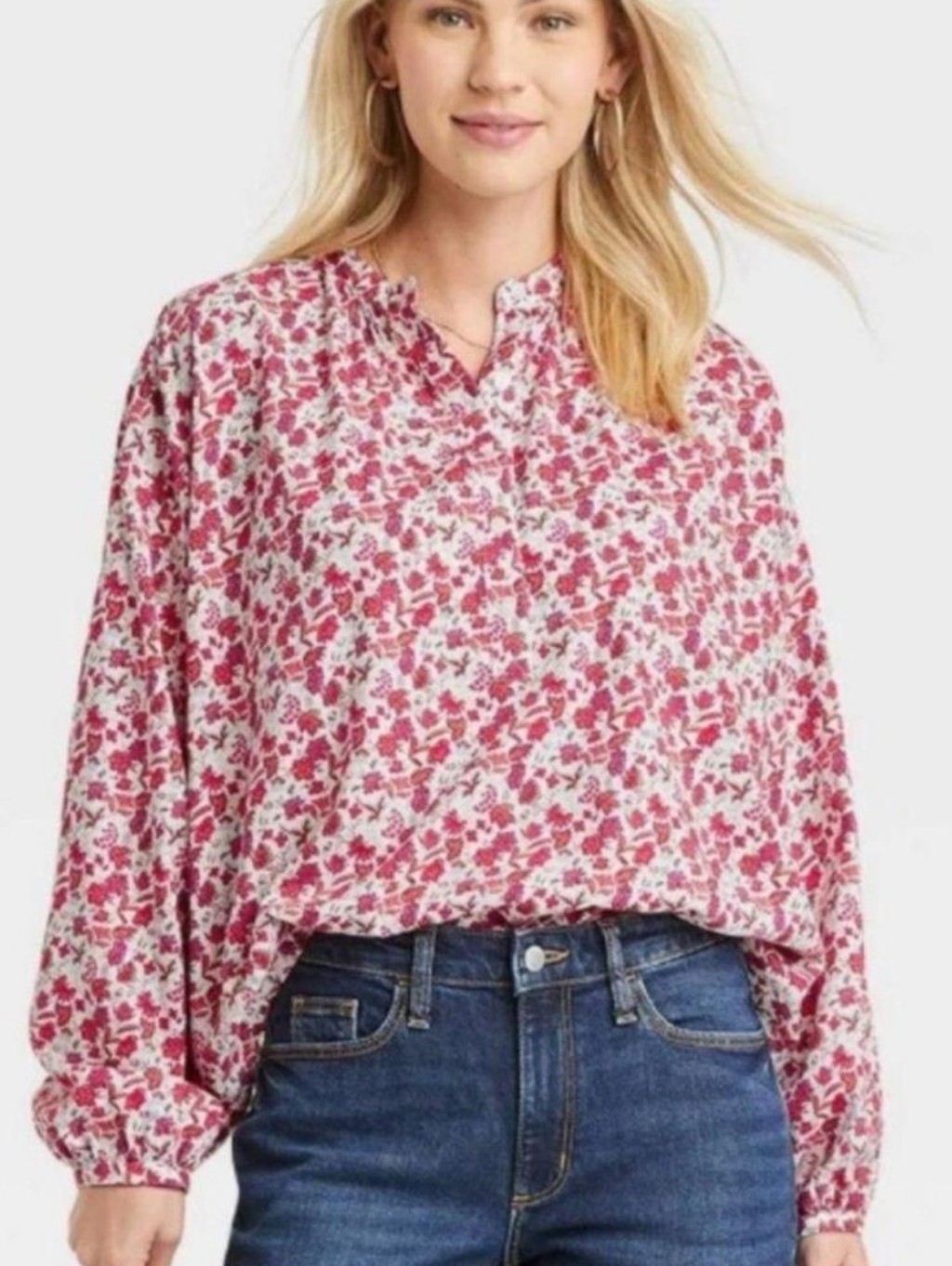 Universal Thread Pink Floral Cotton Split-Neck Peasant Blouse Size Xl
